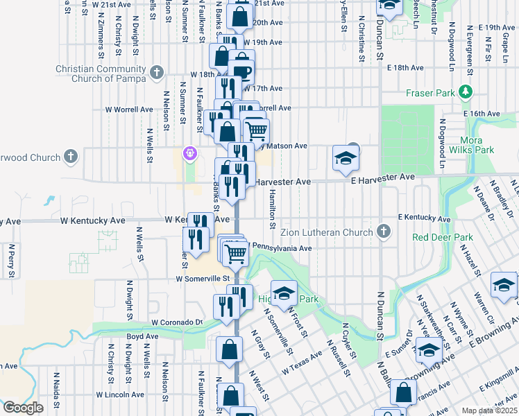 map of restaurants, bars, coffee shops, grocery stores, and more near 1300 North Hobart Street in Pampa