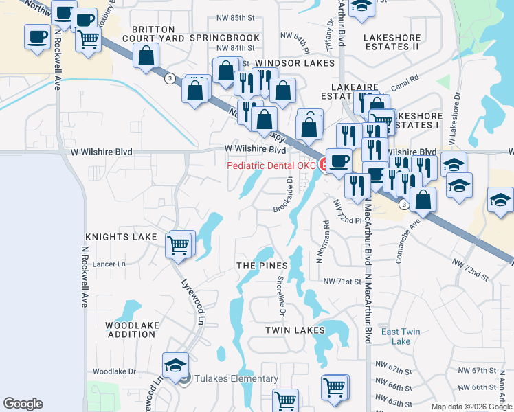 map of restaurants, bars, coffee shops, grocery stores, and more near 6229 Brookside Drive in Oklahoma City
