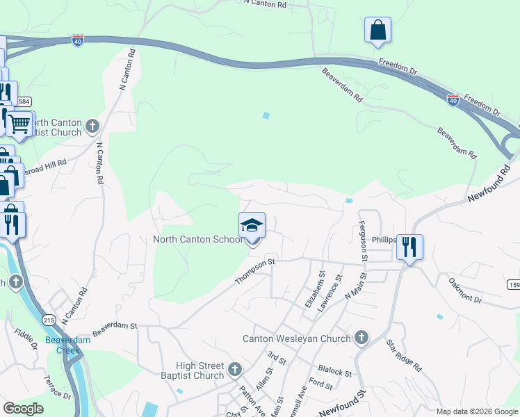 map of restaurants, bars, coffee shops, grocery stores, and more near 376 Warner Road in Canton