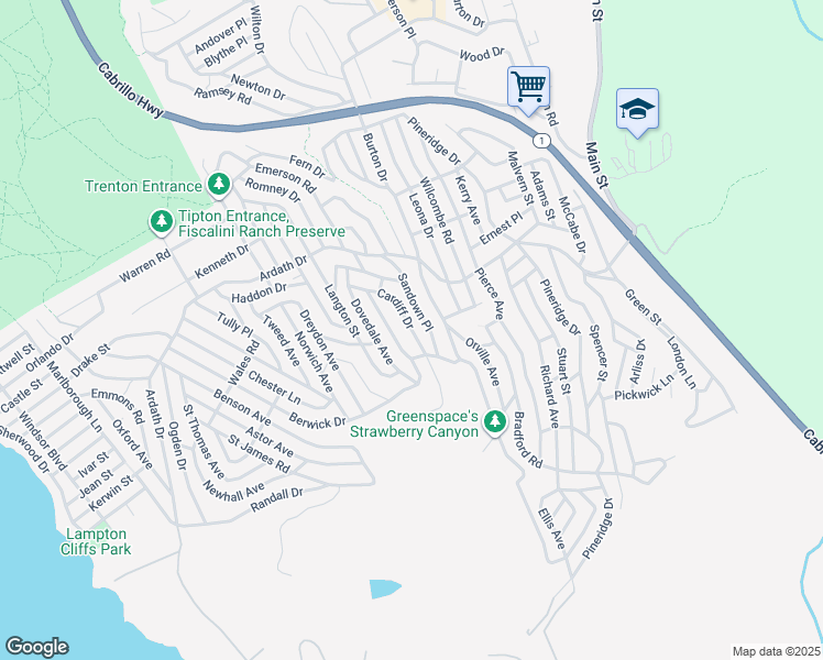 map of restaurants, bars, coffee shops, grocery stores, and more near Cardiff Drive in Cambria