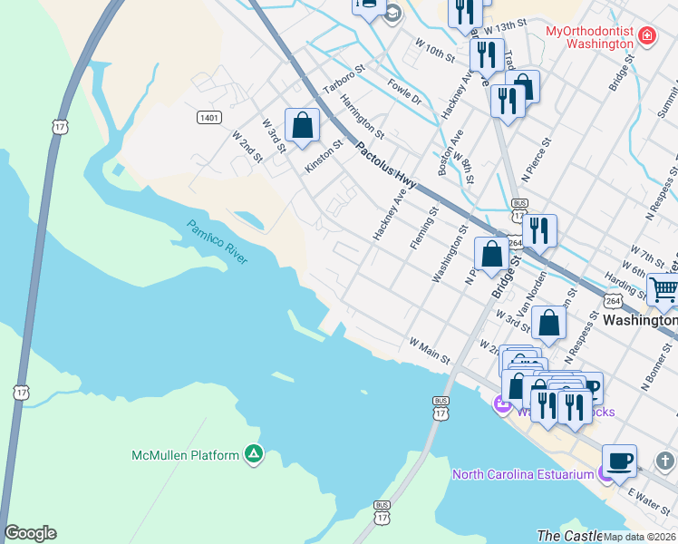 map of restaurants, bars, coffee shops, grocery stores, and more near 172 Willows Court in Washington