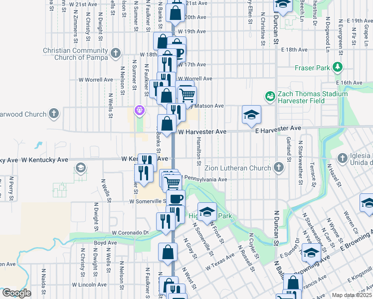 map of restaurants, bars, coffee shops, grocery stores, and more near 1300 North Hobart Street in Pampa