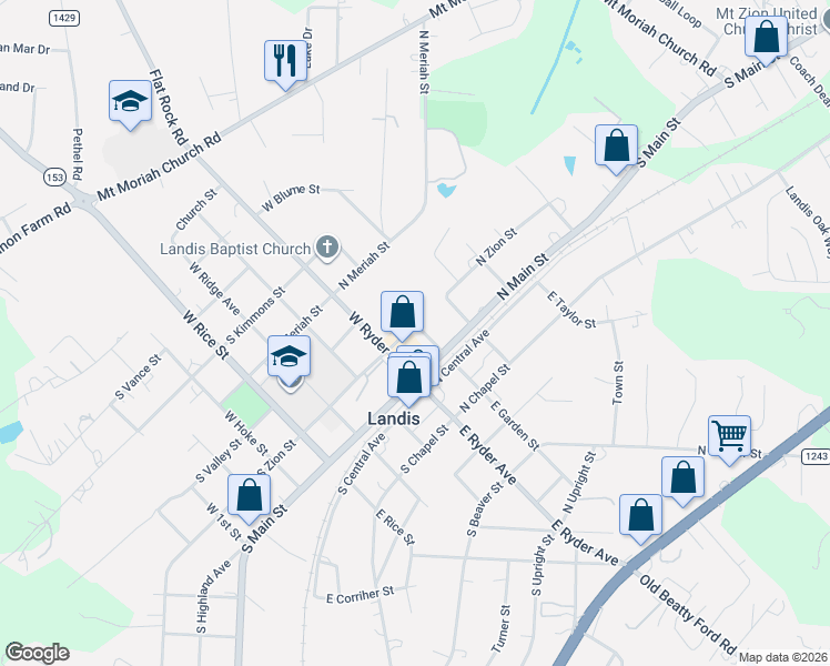 map of restaurants, bars, coffee shops, grocery stores, and more near 115 West Garden Street in Landis
