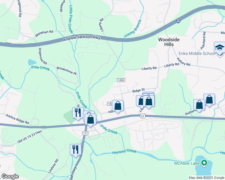 map of restaurants, bars, coffee shops, grocery stores, and more near 155 Maple Ridge Road in Candler