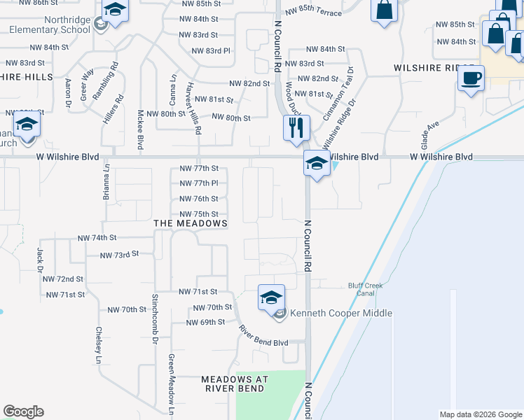 map of restaurants, bars, coffee shops, grocery stores, and more near 7608 Leichter Avenue in Oklahoma City