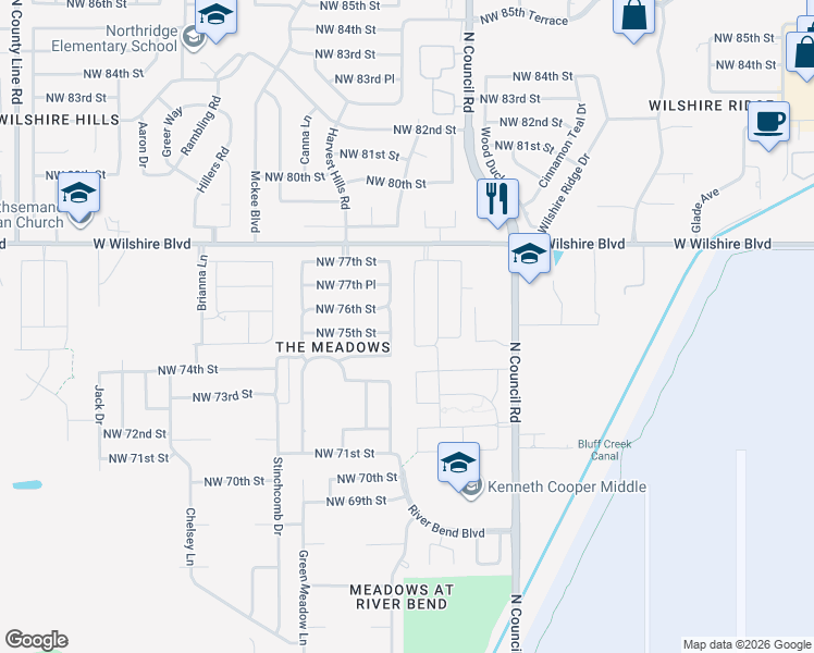 map of restaurants, bars, coffee shops, grocery stores, and more near 7604 Sandlewood Drive in Oklahoma City