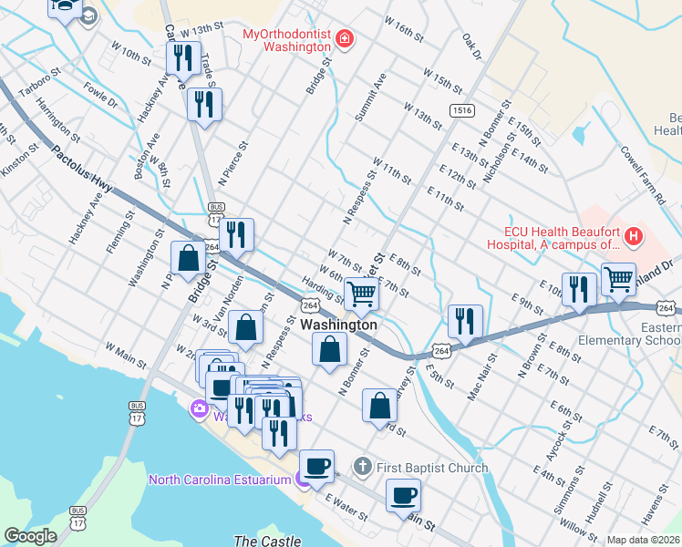 map of restaurants, bars, coffee shops, grocery stores, and more near 100-198 W 6th St in Washington