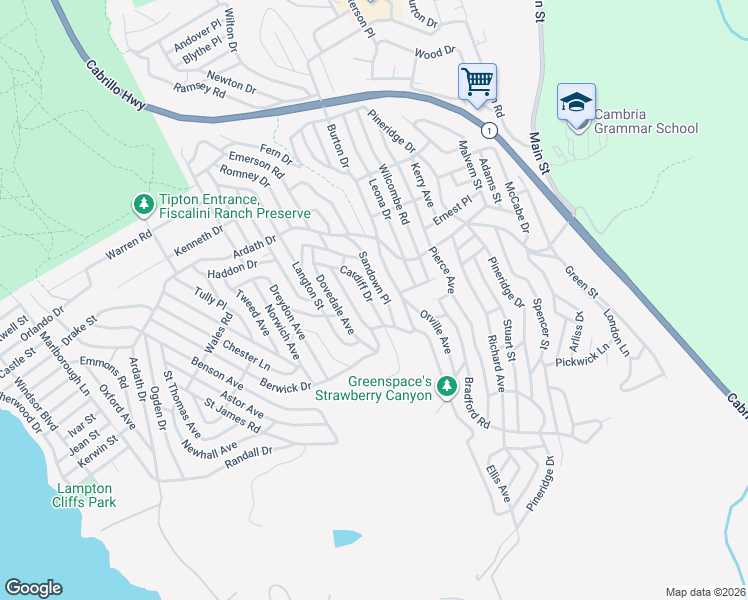 map of restaurants, bars, coffee shops, grocery stores, and more near 1760 Cardiff Drive in Cambria