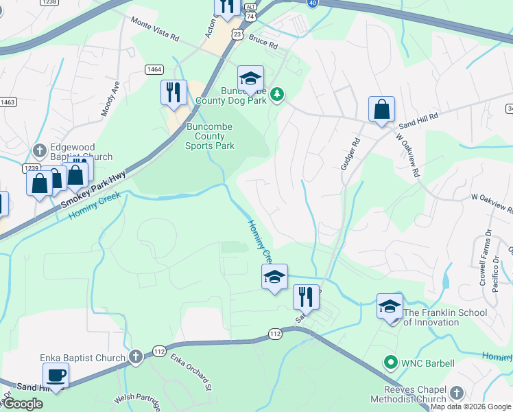 map of restaurants, bars, coffee shops, grocery stores, and more near 134 Warren Haynes Drive in Asheville