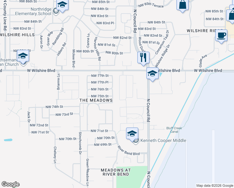 map of restaurants, bars, coffee shops, grocery stores, and more near 7604 Sandlewood Drive in Oklahoma City