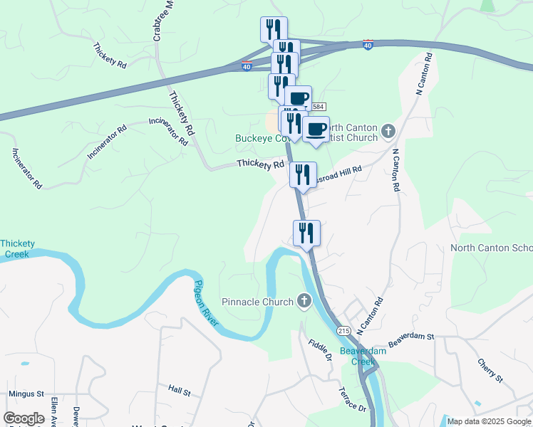 map of restaurants, bars, coffee shops, grocery stores, and more near 200 Pigeon Ford Road in Canton