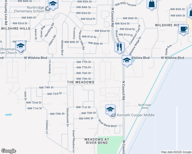 map of restaurants, bars, coffee shops, grocery stores, and more near 7604 Sandlewood Drive in Oklahoma City