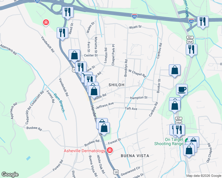 map of restaurants, bars, coffee shops, grocery stores, and more near 74 Shiloh Road in Asheville