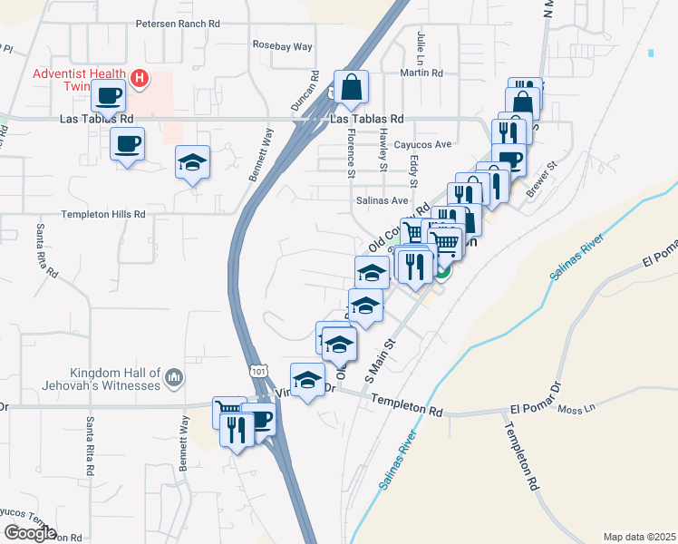 map of restaurants, bars, coffee shops, grocery stores, and more near 320 Willhoit Lane in Templeton