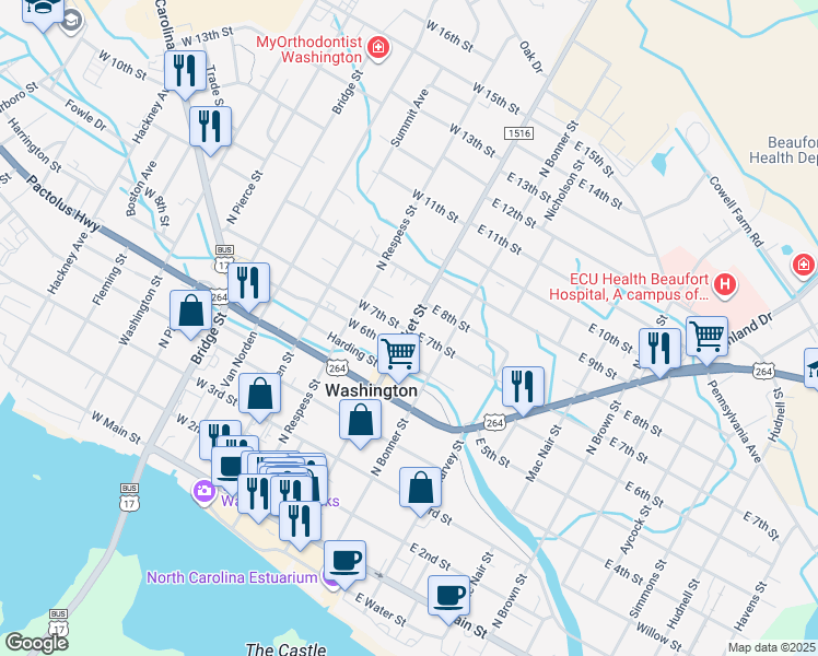 map of restaurants, bars, coffee shops, grocery stores, and more near 701 N Market St in Washington