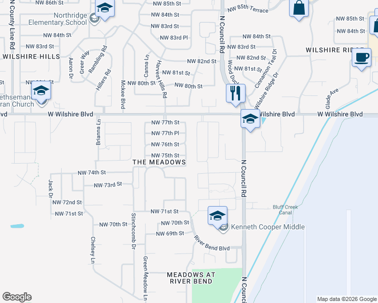 map of restaurants, bars, coffee shops, grocery stores, and more near 7604 Sandlewood Drive in Oklahoma City