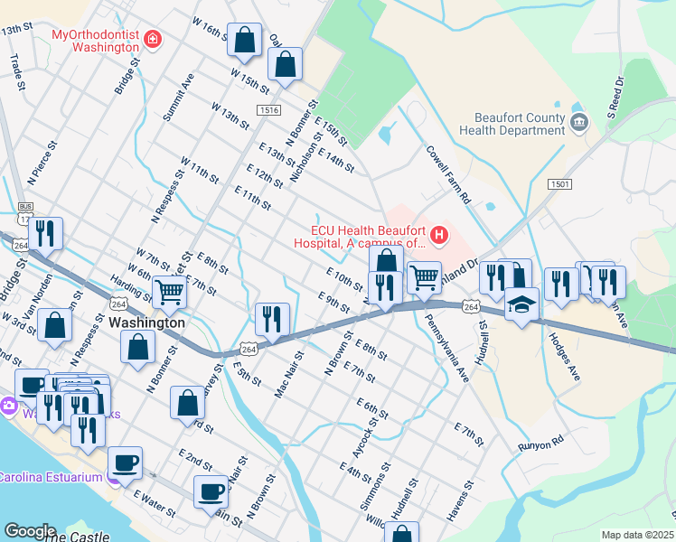map of restaurants, bars, coffee shops, grocery stores, and more near 406 East 10th Street in Washington