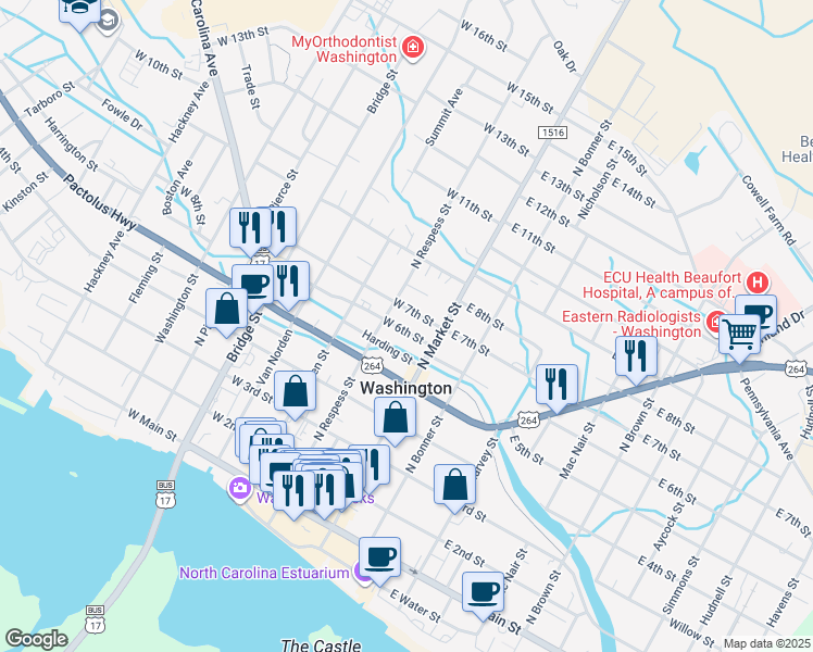 map of restaurants, bars, coffee shops, grocery stores, and more near 100-198 W 6th St in Washington