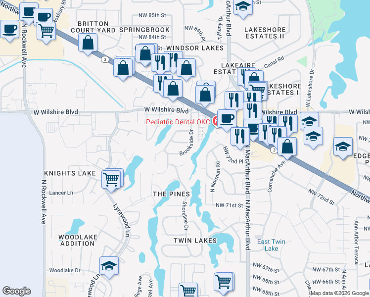 map of restaurants, bars, coffee shops, grocery stores, and more near 7505 Brookside Drive in Oklahoma City