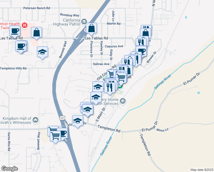 map of restaurants, bars, coffee shops, grocery stores, and more near 608 Crocker St in Templeton