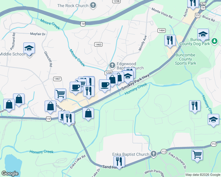 map of restaurants, bars, coffee shops, grocery stores, and more near 3 Brookside Circle in Candler