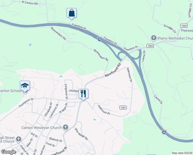 map of restaurants, bars, coffee shops, grocery stores, and more near 1389 Newfound Road in Canton