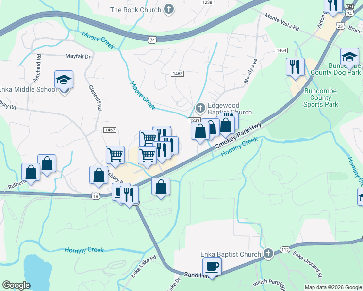 map of restaurants, bars, coffee shops, grocery stores, and more near 1 Brookside Circle in Candler