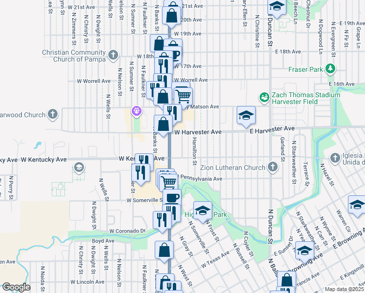 map of restaurants, bars, coffee shops, grocery stores, and more near 1300 North Hobart Street in Pampa