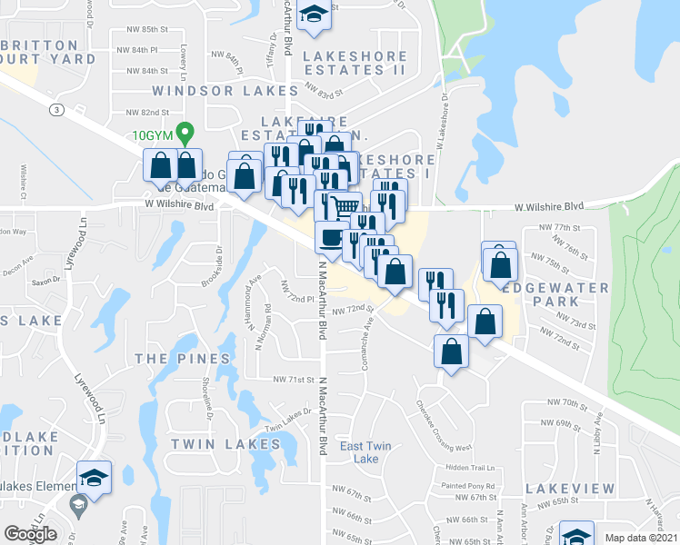 map of restaurants, bars, coffee shops, grocery stores, and more near 5830 Northwest Expressway in Oklahoma City