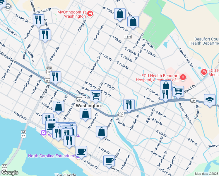 map of restaurants, bars, coffee shops, grocery stores, and more near 125 East 8th Street in Washington