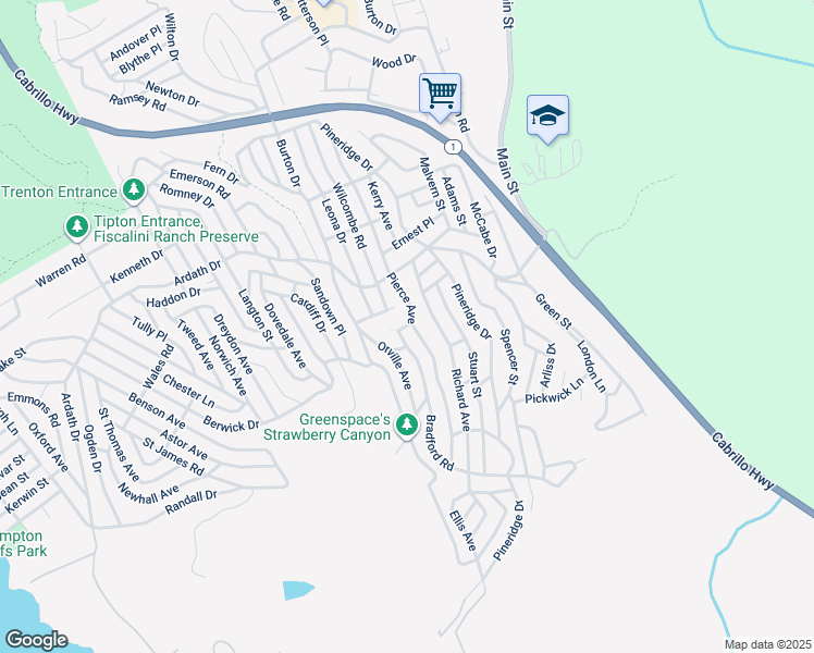 map of restaurants, bars, coffee shops, grocery stores, and more near Bradford Place in Cambria