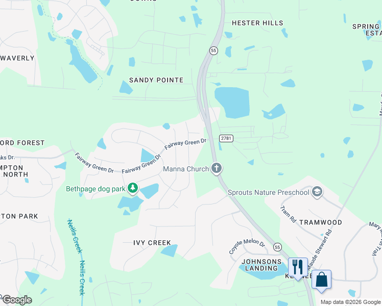 map of restaurants, bars, coffee shops, grocery stores, and more near 2124 Fox Chapel Place in Fuquay-Varina