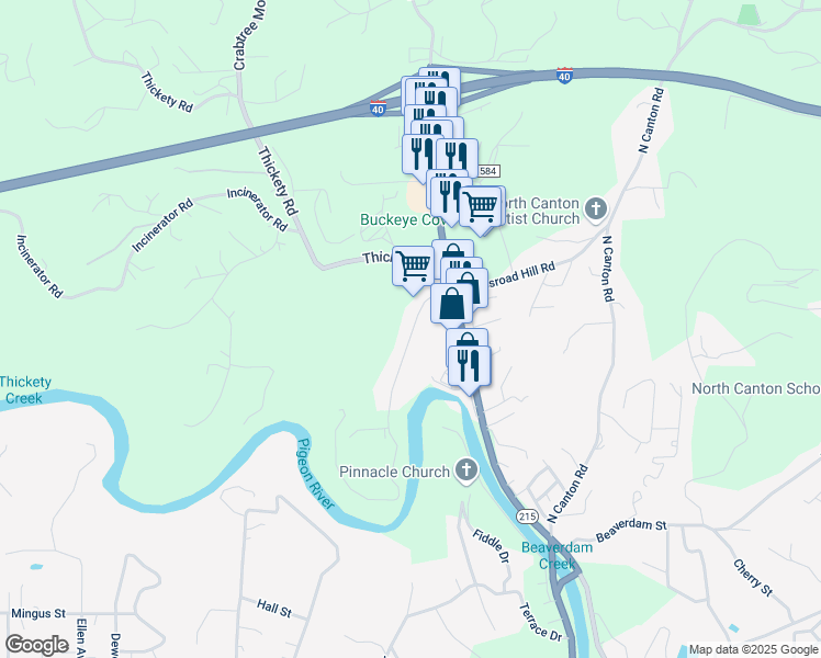 map of restaurants, bars, coffee shops, grocery stores, and more near 200 Pigeon Ford Road in Canton