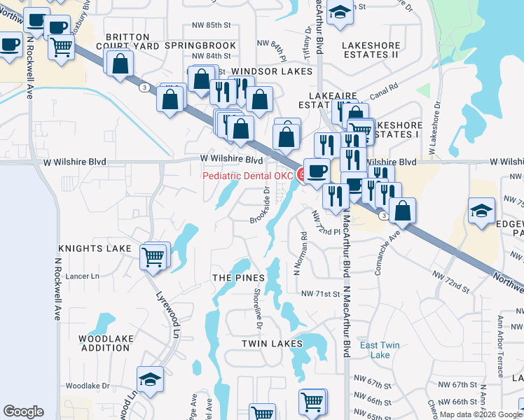 map of restaurants, bars, coffee shops, grocery stores, and more near 7505 Brookside Drive in Oklahoma City
