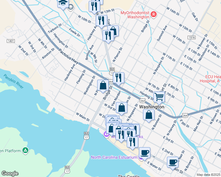 map of restaurants, bars, coffee shops, grocery stores, and more near 421 Bridge Street in Washington