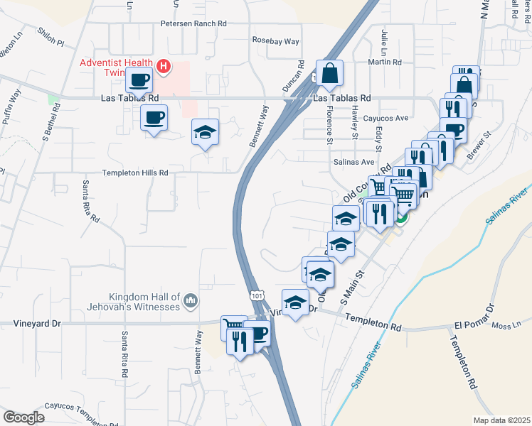 map of restaurants, bars, coffee shops, grocery stores, and more near 855 Lincoln Avenue in Templeton