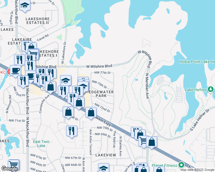 map of restaurants, bars, coffee shops, grocery stores, and more near 7601 Rumsey Road in Oklahoma City