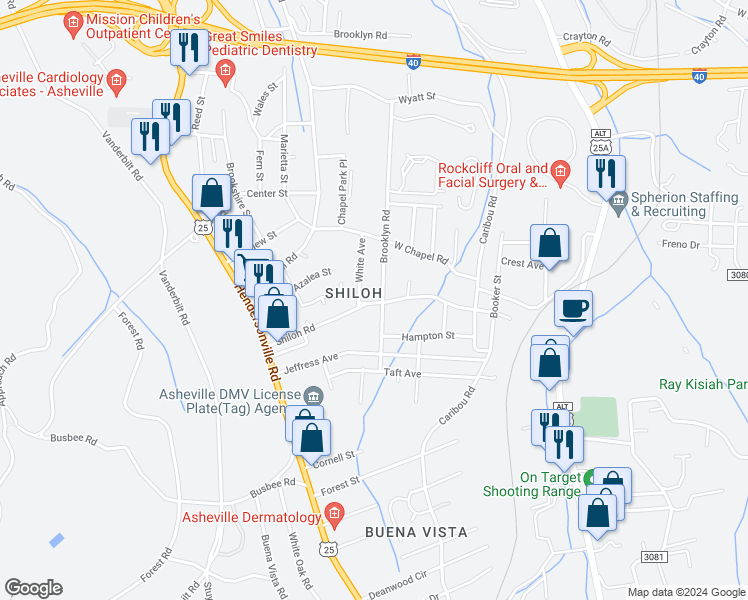 map of restaurants, bars, coffee shops, grocery stores, and more near 88 Shiloh Road in Asheville