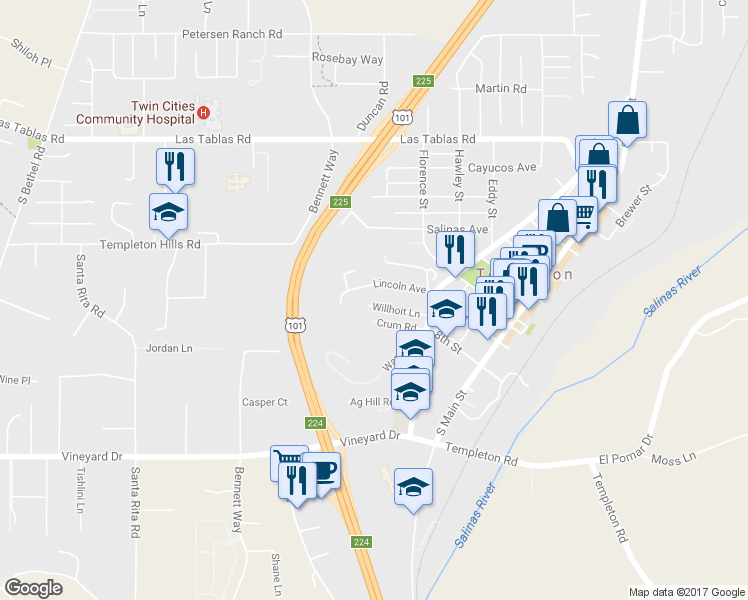 map of restaurants, bars, coffee shops, grocery stores, and more near 352 Willhoit Lane in Templeton