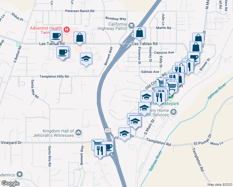 map of restaurants, bars, coffee shops, grocery stores, and more near 855 Lincoln Avenue in Templeton