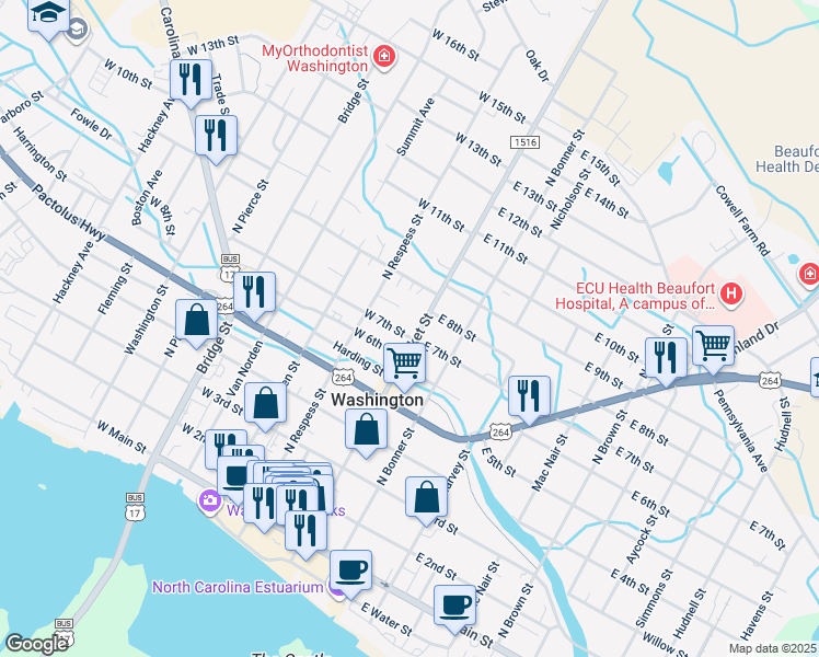 map of restaurants, bars, coffee shops, grocery stores, and more near 701 North Market Street in Washington