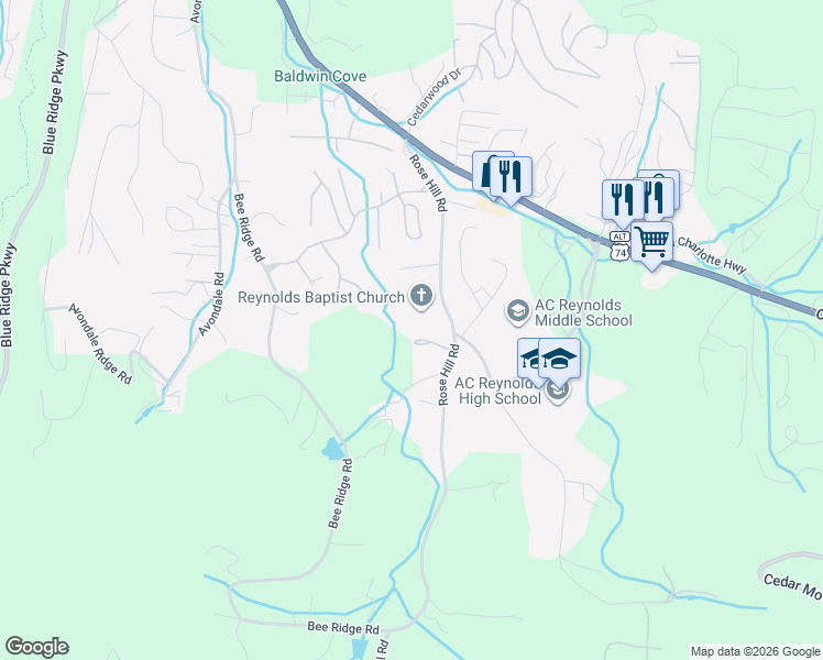 map of restaurants, bars, coffee shops, grocery stores, and more near 522 Rose Hill Road in Asheville