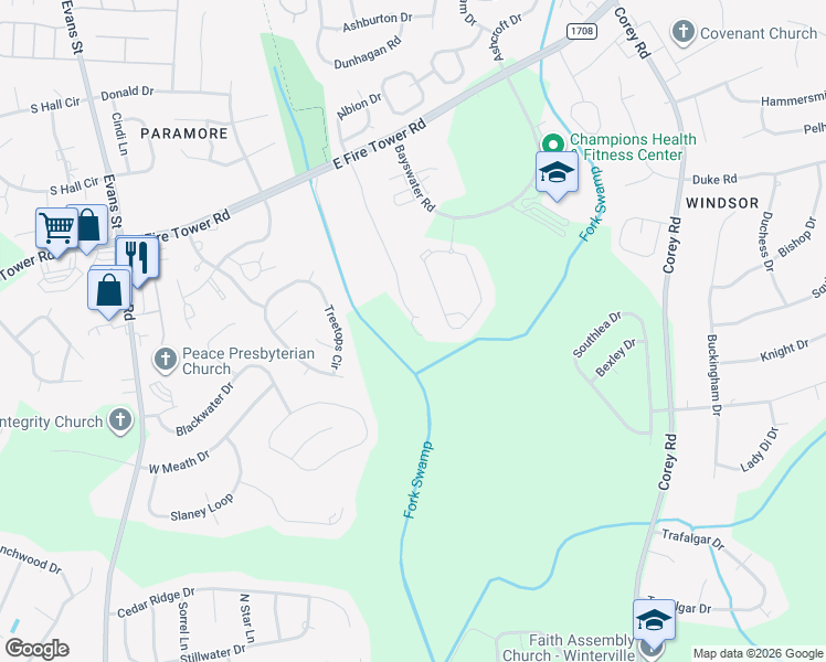 map of restaurants, bars, coffee shops, grocery stores, and more near 4275 Dudleys Grant Drive in Winterville