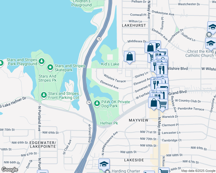 map of restaurants, bars, coffee shops, grocery stores, and more near 3200 Elmwood Avenue in Oklahoma City