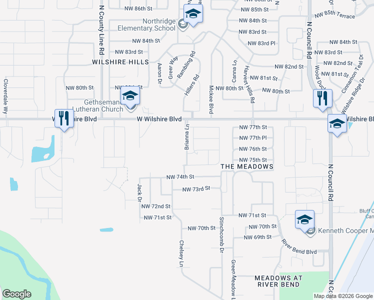 map of restaurants, bars, coffee shops, grocery stores, and more near Brianna Lane in Oklahoma City
