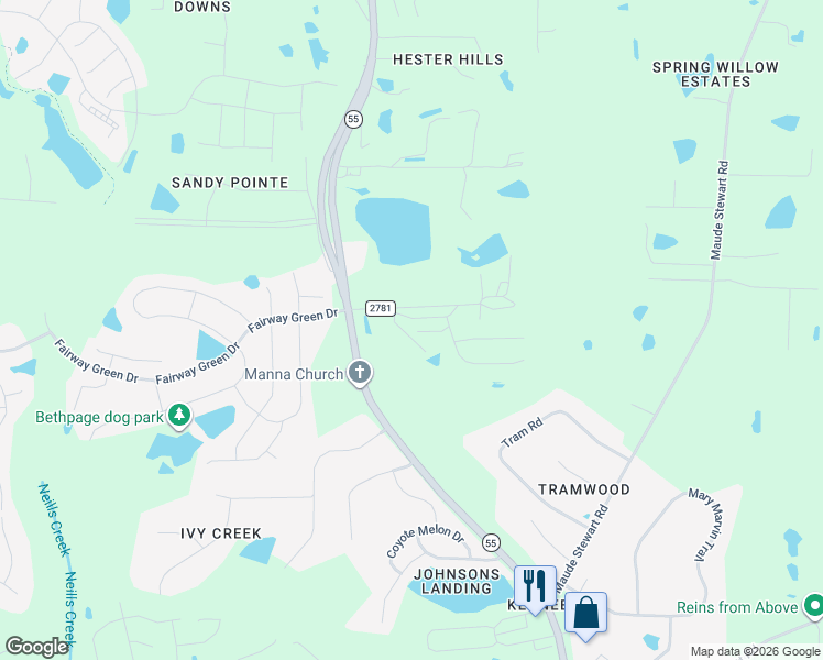 map of restaurants, bars, coffee shops, grocery stores, and more near 7897 Denson Road in Wake County