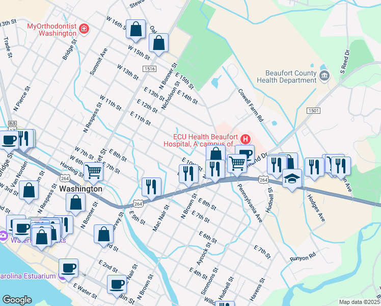 map of restaurants, bars, coffee shops, grocery stores, and more near 406 East 10th Street in Washington