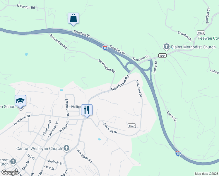 map of restaurants, bars, coffee shops, grocery stores, and more near 1389 Newfound Road in Canton