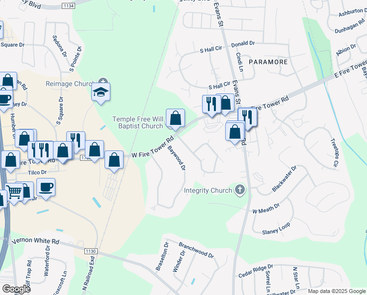 map of restaurants, bars, coffee shops, grocery stores, and more near 1928 Cornerstone Drive in Winterville