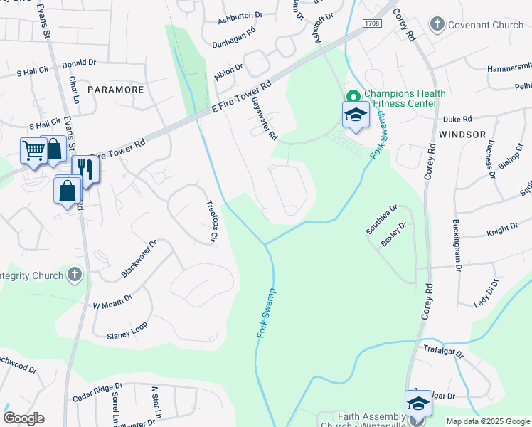 map of restaurants, bars, coffee shops, grocery stores, and more near 4267 Dudleys Grant Drive in Winterville